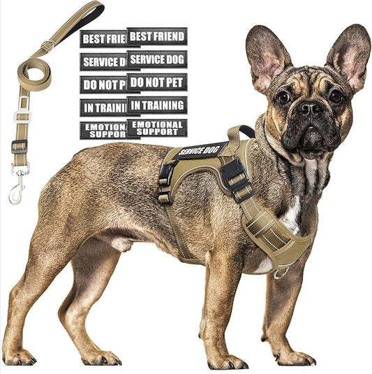 Tactical Dog Harness and Leash Set Medium Sized Dog,Heavy Duty No Pull Service Dog Vest and 10 Patches with Dog Seat Belt,Reflective Adjustable Pet Harness for Training Walking Hiking Brown M