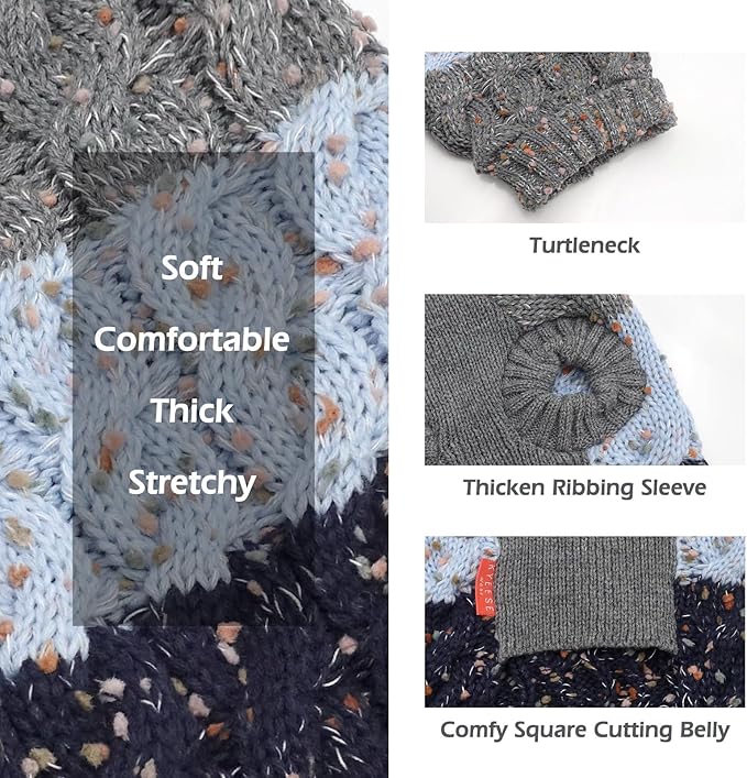 KYEESE Dog Sweater Color Block with Fuzzy Thread Knitted Turtleneck Dog Knitwear with dots in a Variety of Colors for Small Dogs Fall Winter Dogs Clothes, Navyblue, M