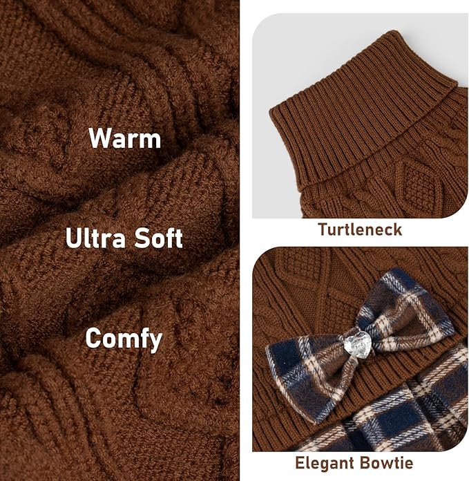 KYEESE Dog Sweater Comfy Dogs Clothes with Bowtie Soft Turtleneck Cat Sweaters Stretchy Knitwear Pet Sweater Dress Thick Dog Sweaters for Small Dogs Male Warm Pullover Pet Coats, Brown, X-Large