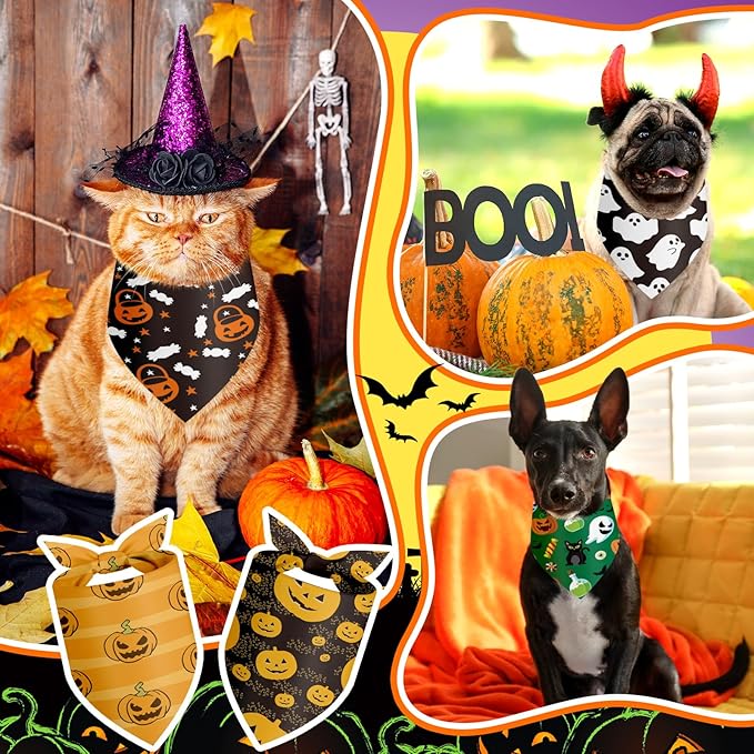 Chunful 60 Pcs Halloween Bandanas for Dogs Pumpkin Ghost Spider Patterns Soft Bibs Adjustable Triangle Doggie Scarf for Small Medium Large Pet Costume(25.6 x 17.7 x 17.7 Inch)