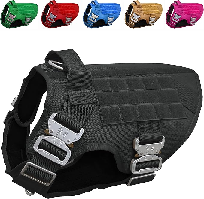 Tactical Dog Harness for Large Dogs with 4 Metal Buckles, Waterproof; Military Grade Dog Vest, Stop pulls, Does not Choke Neck and Prevents Escapes, Heavy-Duty Dog Harness, Black (L)