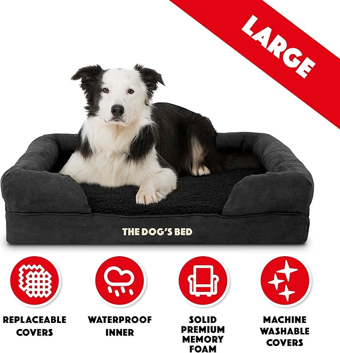 The Dog’s Bed, Large Black Faux PL, Memory Foam, Pain Relief: Arthritis, Hip & Elbow Dysplasia, Post Surgery, Lameness, Supportive, Calming, Waterproof Washable Cover
