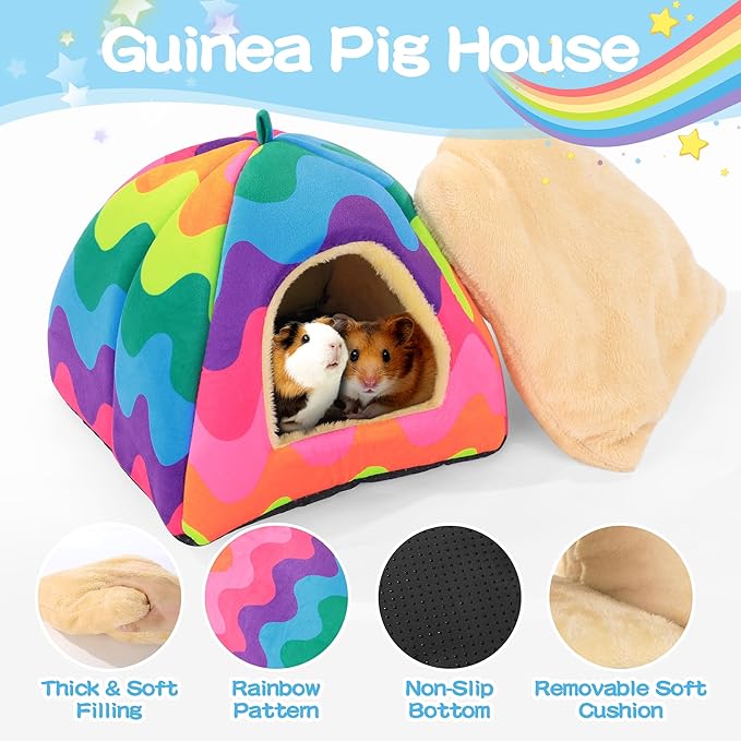 MABOZOO 3 Pack Guinea Pig House Accessories, Washable 2 Guinea Pig House and Hideout Tunnel with Curtains, Chinchilla Hideout for Hamster, Rabbit, Bunny, Chinchillas (Colorful)
