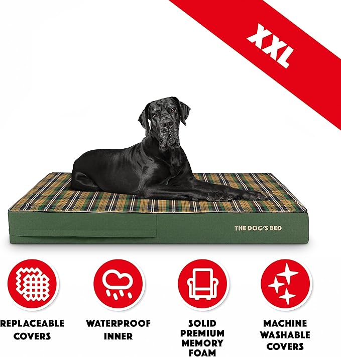 The Dog’s Bed Orthopedic Memory Foam Dog Bed, XXL Green Tartan, Pain Relief for Arthritis, Hip & Elbow Dysplasia, Post Surgery, Lameness, Supportive, Calming, Waterproof Washable Cover