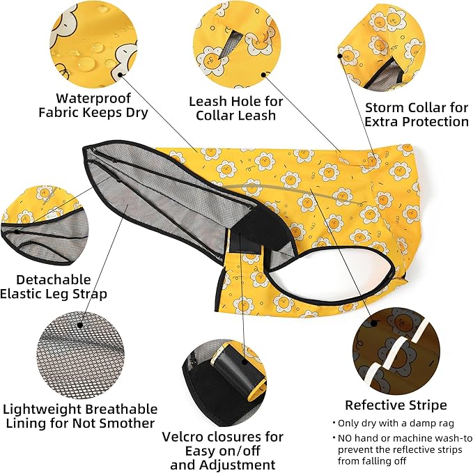 Mile High Life Dog Raincoat, Adjustable Waterproof Reflective Rain Jacket for Small Medium Large Dogs, Lightweight Breathable Pet Rain Coat with Leash Hole(Yellow Sun,XS Chest 17-23")