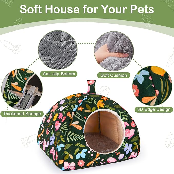 Glittme Guinea Pig Hideout 2Pack Guinea Pig Bed with Soft Pads Washable Small Animal Bed with Non-Slip Bottom Rabbit Hideout for Ferrets, Hamster, M
