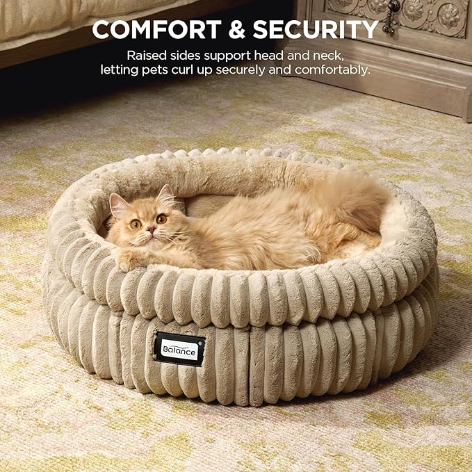 BALANCE Cat Bed Kitten Bed, Washable Round Cat Beds for Indoor Cats,Super Soft Plush Faux Fur Pet Bed for Puppy and Kitten with Anti-Slip Bottom