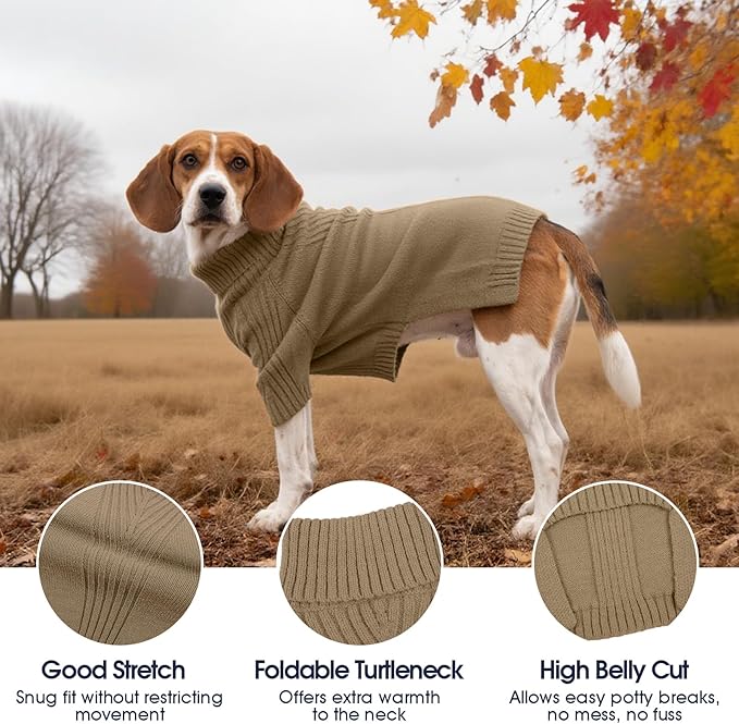 IECOii XXL Dog Sweater,Thermal Knit Big Dog Sweater with Sleeve,Pet Turtleneck Doggy Sweatshirt for Extra Large Dogs Boy Girl,Stretchy Large Dogs Cold Weather Outfit Pitbull Clothes,(Camel,XXL)
