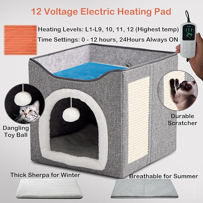 Heated Cat Bed Indoor w/ 12V Electric Heating Pad, Thermal Warming Heated Pet Bed House for Indoor Cats w/Scratching Post, Covered Cat Cave Beds & Furniture Foldable Cats Hideaway, 24x16x15