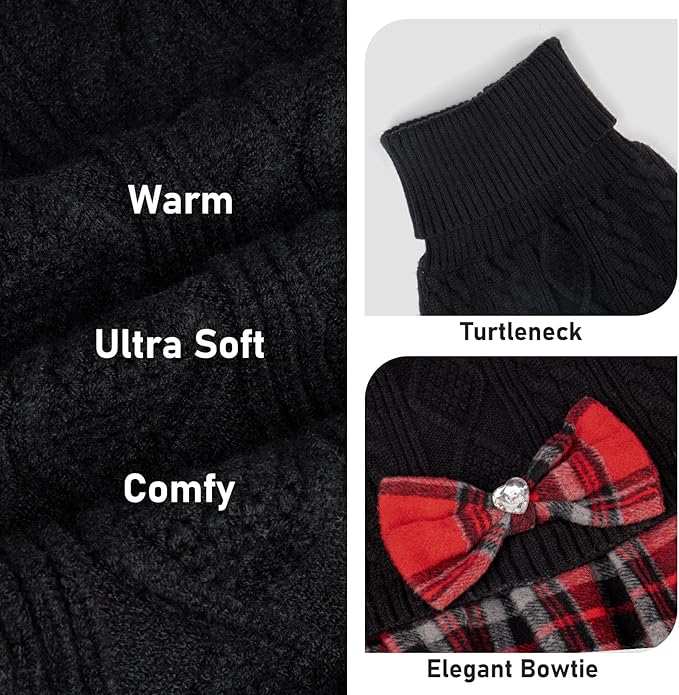 KYEESE Dog Sweater Soft Pullover Dogs Clothes with Bowtie Thick Knitwear Pet Sweater Dress Stretchy Pet Coats Comfy Dog Sweaters for Medium Dogs Boy, Black, XX-Large