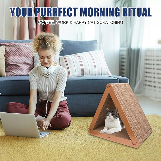 3 Pack Cardboard Cat Scratcher & Scratch Pad with Catnip, Buildable Triangle Cat House w/ 6-Sided Use, Furniture Protection for Indoor Cats
