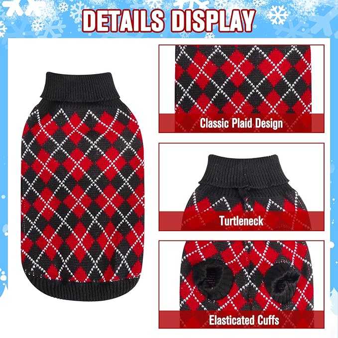 KOOLTAIL Knit Turtleneck Cold Weather Dog Sweater, Soft Diamond Plaid Pullover for Medium Large Dogs, Pet Coat Puppy Sweater for Girls Boys