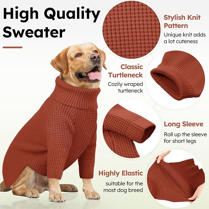 Queenmore Soft Warm Large Dog Sweater, Large Dog Sweaters for Male Dogs, Pet Christmas Sweaters, Extra Large Breeds Kintwear, Turtleneck Pullover Pet Clothes, Saddle Brown 3XL