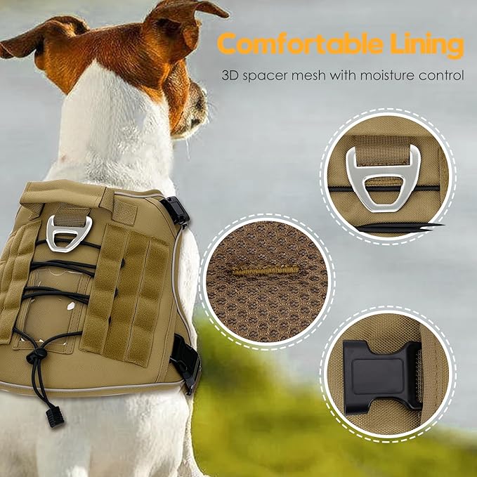 Heavy-Duty Tactical Dog Harness for Large Dogs, No Pull Adjustable Reflective Pet Vest with Molle System, K9 Military-Grade Control for Service Training, Outdoor & 10+ Breeds, Khaki, XX-Large