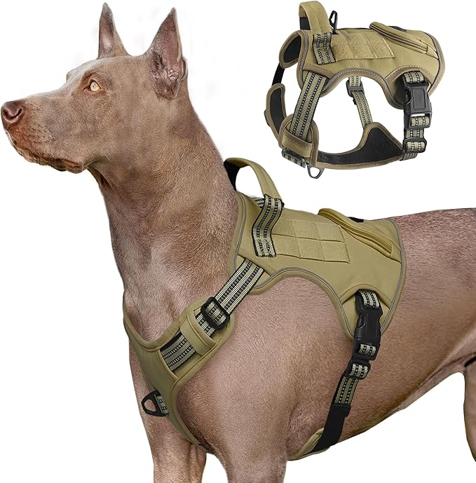 Heavy Duty Tactical Dog Harness for Large Dogs, Adjustable Reflective Service Vest with Control Handle & 4 Patches, No Pull Soft Padded Military Pet Harness for Training Walking Hiking (Brown, XL)