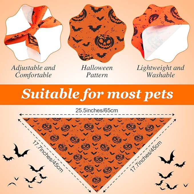 Chunful 60 Pcs Halloween Bandanas for Dogs Pumpkin Ghost Spider Patterns Soft Bibs Adjustable Triangle Doggie Scarf for Small Medium Large Pet Costume(25.6 x 17.7 x 17.7 Inch)