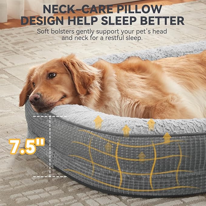 JOEJOY Orthopedic Dog Beds Large Sized Dog, XL Egg-Crate Memory Foam Pet Couch Bed with Bolster Sides, Waterproof Lining, Removable Washable Cover & Non-Slip Bottom, Light Grey