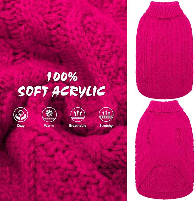 BINGPET Thermal Knitted Dog Sweater for Small Medium Large Dogs,Winter Dog Cat Coat Warm Sweartershirts Outfits,Classic Cable Knit Turtleneck Pullover Dog Jumper Coat Warm Sweartershirts(Rosered,S)