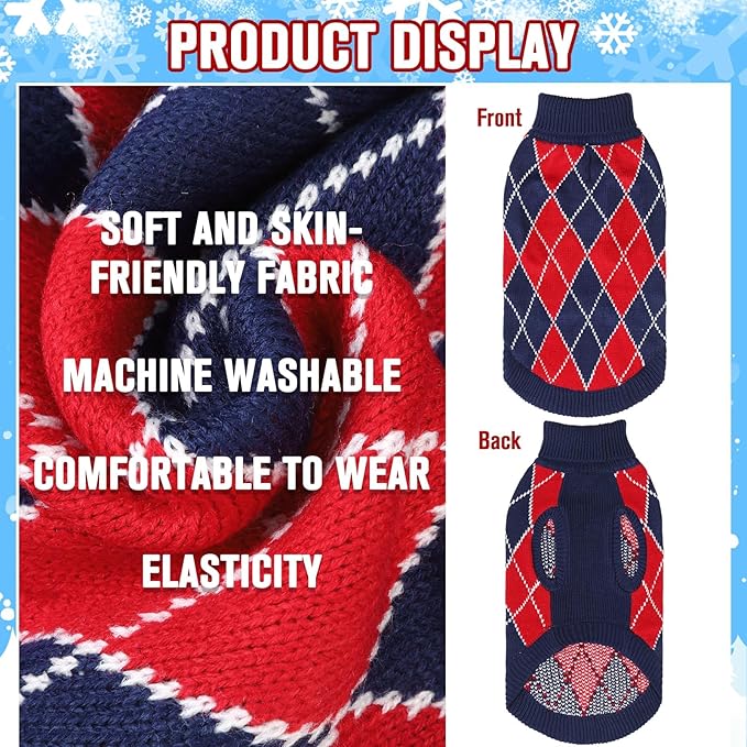 KOOLTAIL Knit Turtleneck Dog Sweater, Soft Diamond Plaid Pullover for Medium Large Dogs, Warm Pet Coat for Cold Weather, Girls Boys S