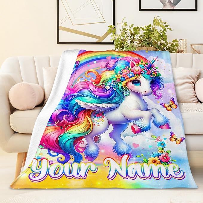 Girls Unicorn Blanket Personalized Unicorn Throw Gift for Toddler Kids Birthday, 40x50 Inches Lightweight Cozy Cute Custom Throw Blankets for Sofa Couch Bedroom