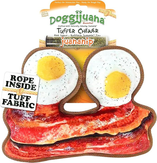 Doggijuana Tuffer Chewer Plush Dog Toy | Funny Dog Toy Plush with Juananip Catnip for Dogs | Calming Aid for Dogs | Interactive Squeaky Chew Toy for Play (Eggs & Bacon)