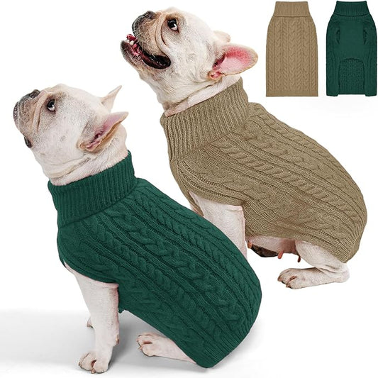 2 Pack Dog Sweaters for Medium Dogs Turtleneck Pullover Cable Knit Stretch Clothes French Bulldog Dachshund Boston Terrier Corgi Beagle Pug Boy Girl Pets Winter Clothes (L, Green & Brown)