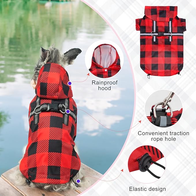 BEAUTYZOO Hooded Dog Raincoat with Built-in Harness, Jacket Poncho, Waterproof Winter Coat - Buffalo Red, XS