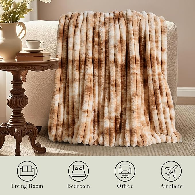 Amélie Home Faux Fur Throw Blanket for Couch, Cozy Fuzzy Fluffy Fur Luxurious Soft Striped Plush Gift Blankets for Family Sofa Chair Bedroom, 55"x70", Tie-dye Khaki