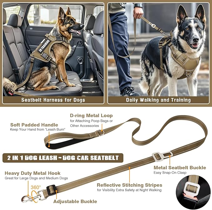 Tactical Dog Harness and Leash Set for Large Dogs,Heavy Duty No Pull Service Dog Vest and 10 Patches with Dog Seat Belt,Reflective Adjustable Pet Harness for Training Walking Hiking Brown XL