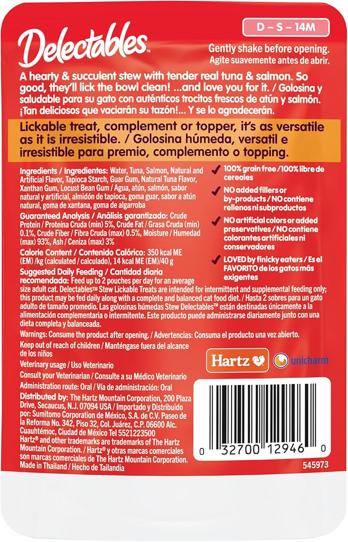 Hartz Delectables Stew Tuna & Salmon Lickable Wet Cat Treats, 1.4 Ounce (Pack of 12)