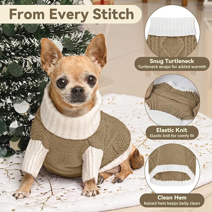 Dog Sweater for Small Dogs Argyle Cable Knit Turtleneck Pullover Winter Clothes Boys Girls Stretch Puppy Doggie Chihuahua Yorkie Pomeranian Toy Poodle Pet (XS, Brown)