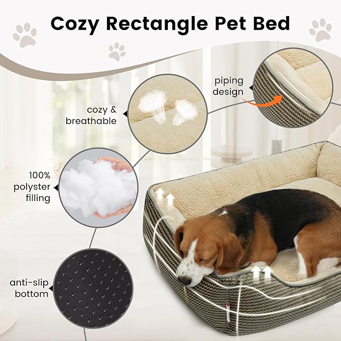 Miguel Dog Bed with Removable Cushion/Pillow for Medium Small Dogs, Washable Pet Bed with Side Easy to Wash Puppy Bed, Large Rectangle Cat Bed for Indoor Cat with Anti-Slip Bottom, Khaki 30 Inch