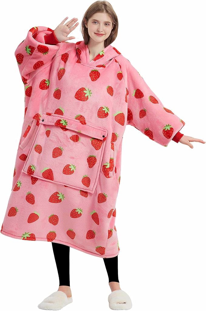 KFUBUO Wearable Blanket Hoodie for Adult Long Sherpa Strawberry Patterns Oversized Sweatshirt Blanket with Pockets Birthday Gifts for Women
