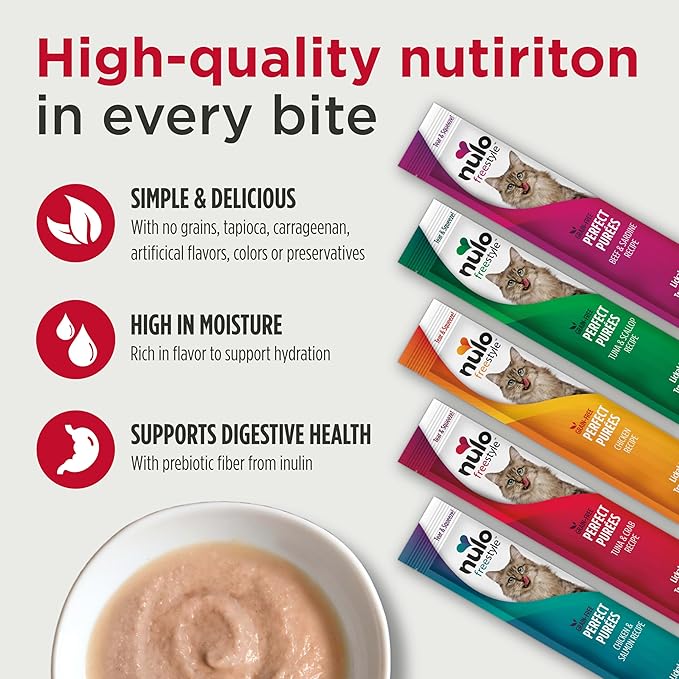 Nulo Freestyle Grain-Free Perfect Purees Premium Wet Cat Treats, Squeezable Meal Topper for Felines, High Moisture Content to Support Cat Hydration, 0.5 Ounce, Tuna & Crab (Pack of 48)