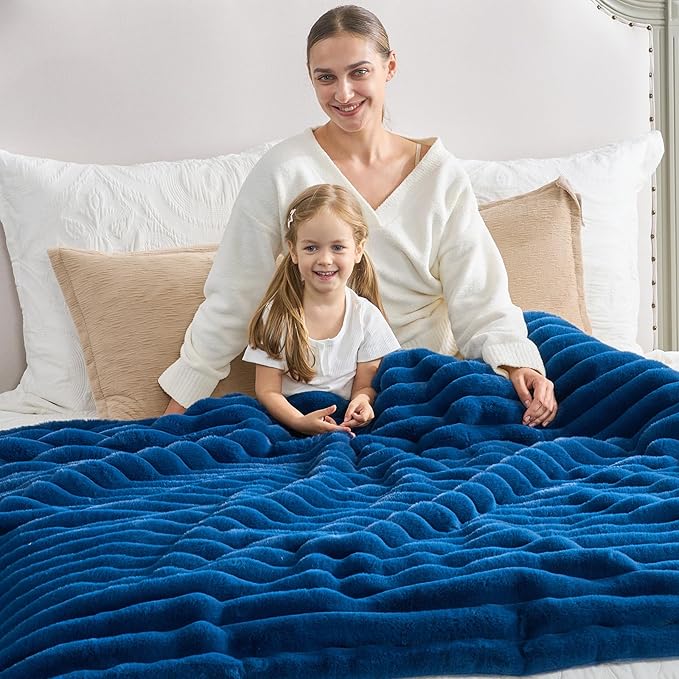 Cozy Bliss Faux Fur Throw Blanket for Couch, Cozy Warm Plush Striped Blanket for Sofa Bedroom Living Room, 108 * 90 Inches Navy Blue