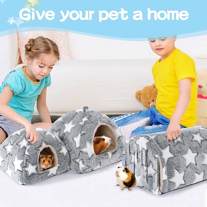 MABOZOO 3 Pack Guinea Pig House Accessories, Washable 2 Guinea Pig House and Hideout Tunnel with Curtains, Chinchilla Hideout for Hamster, Rabbit, Bunny, Chinchillas (Gray-Star)