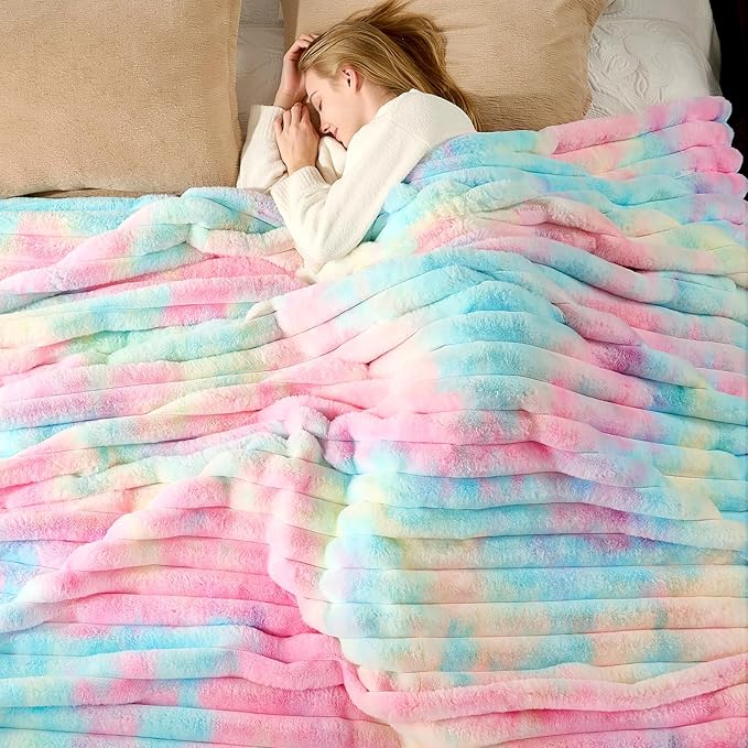 Cozy Bliss Faux Fur Throw Blanket for Couch, Cozy Warm Plush Striped Blanket for Sofa Bedroom Living Room, 50 * 60 Inches Tie-dye Rainbow