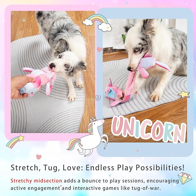 Squeaky Crinkle Plush Unicorn Dog Toys, Dog Toys to Keep Them Busy, Tug of War & Pull Toys for Small, Medium Dogs Puppy