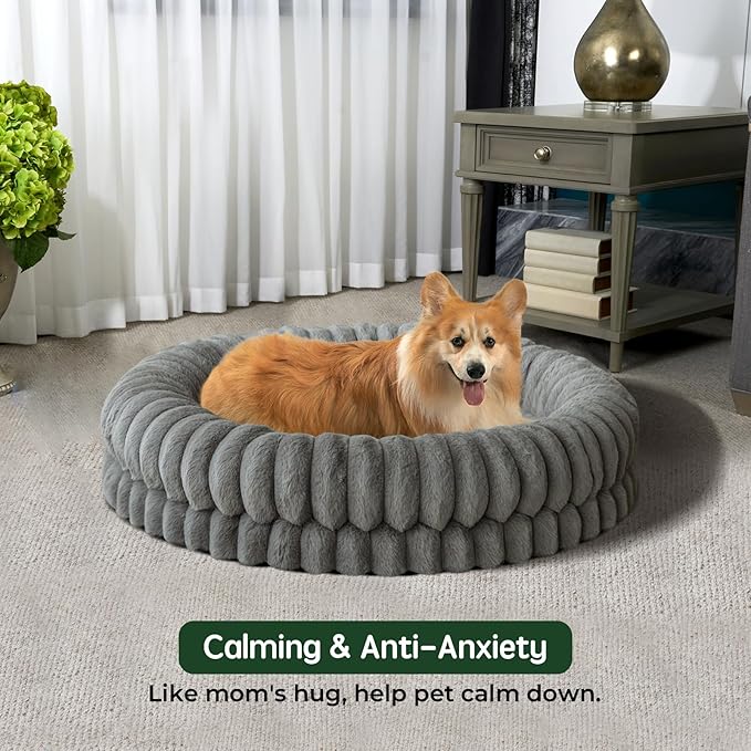 BALANCE Luxury Donut Dog Bed, 36 Inches Round Dog Beds Large Sized Dogs Washable, Orthopedic Calming Dogs Bed for Pets with Anti-Slip Bottom, Gray