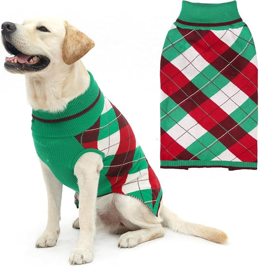 KOOLTAIL Dog Christmas Sweater Pet Knitted Clothes - Classic Plaid Pull Over Turtleneck Christmas Dog with Leash Hole Warm Dogs Winter Clothing for Small Medium Dogs Cats Puppy (Green & Red L)