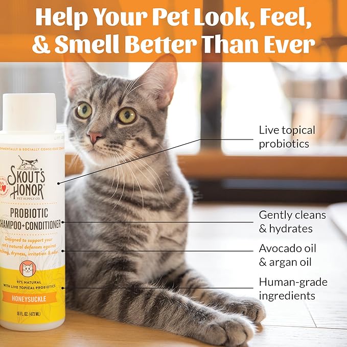 Skout's Honor Probiotic Cat Shampoo & Conditioner with Avocado Oil & Omega-3s, 97% Natural, Paraben & Sulfate-Free, Cruelty-Free, 16oz, Honeysuckle, 2-Pack