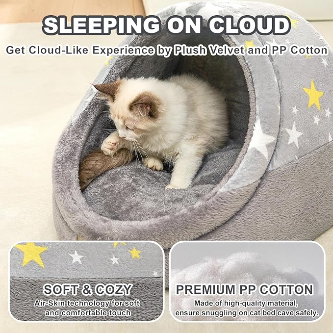 Jiupety Cute Cat Beds for Indoor Cats, Cat Cave Bed for Kittens, Burrowing Cat Bed & Puppy Bed with Anti-Slip Bottom, Washable Removable Cushion, L(19"x17"x16"), Gray Star