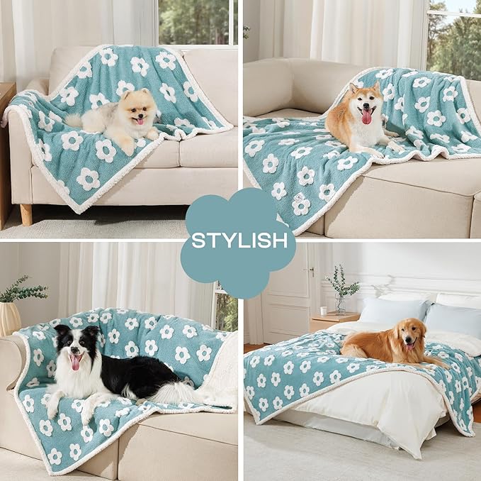 Luciphia Waterproof Pet Blanket for Medium Large Dogs Washable Fluffy Thick Jacquard Shag Fleece Warm Sherpa 3D Textured Flower Print for Cats Puppy Couch Protection (Blue,40x28 inches)