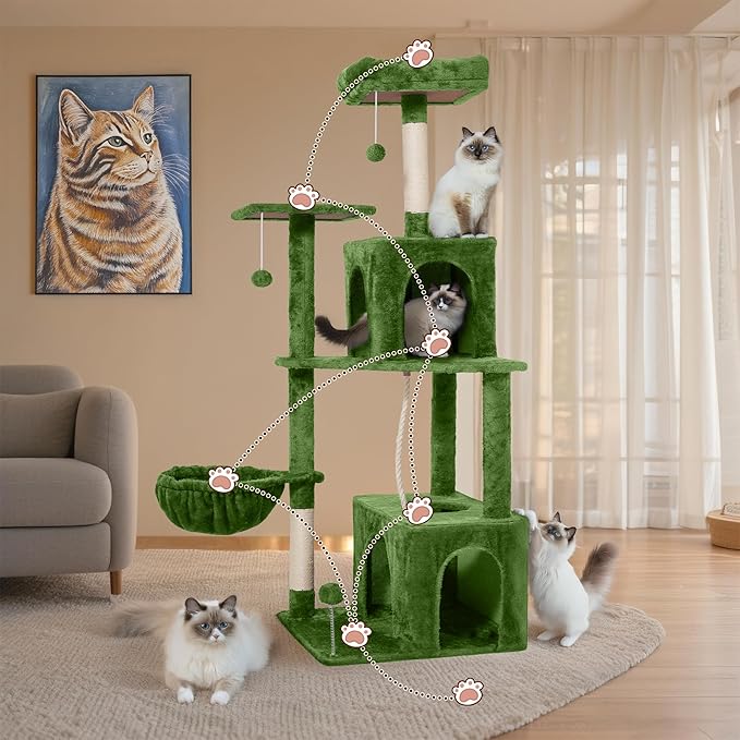 Cat Tree, 54-Inch Cat Tower for Indoor Cats,Plush Multi-Level Cat Condo with Scratching Posts, Basket, Perches,2 Caves,2 Pompoms(Green)