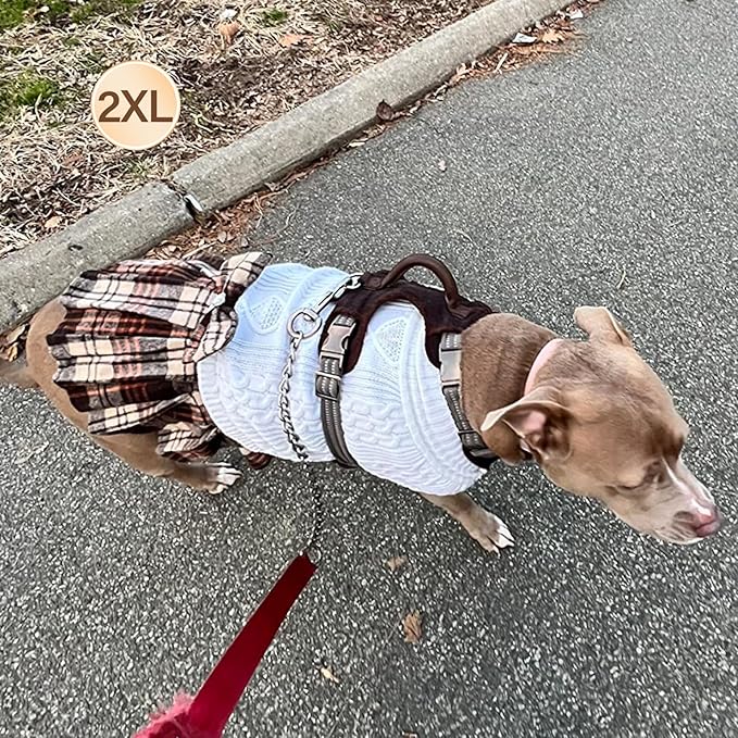 KYEESE Dog Sweaters Dress with Leash Hole with Bowtie Turtleneck Red Dog Knitwear Plaid Pattern Warm Pet Sweater for Medium Dogs White,(XX-Large (Pack of 1))
