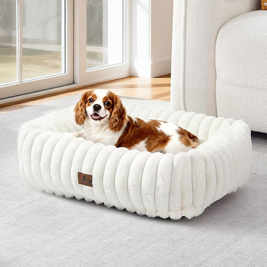 Orthopedic Dog Bed for Small Medium Dogs - Washable Rectangle Corduroy Fleece Pet Bed with Removable Cover and Nonskid Bottom, Calming Puppy Bed Soft Pet Sofa, Cream(25x21x7inchs)