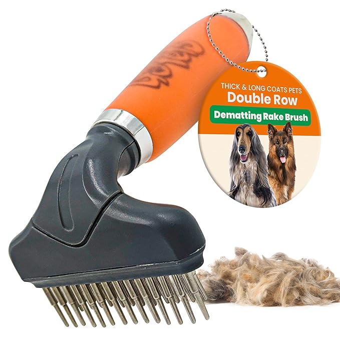 GoPets Double Row Dematting Rake Undercoat Deshedding Tool for Dogs and Cats, Dog Brush for Shedding and Grooming, Long Hair Pet Grooming Brush for Mat Removal, Detangling, and Shedding Control
