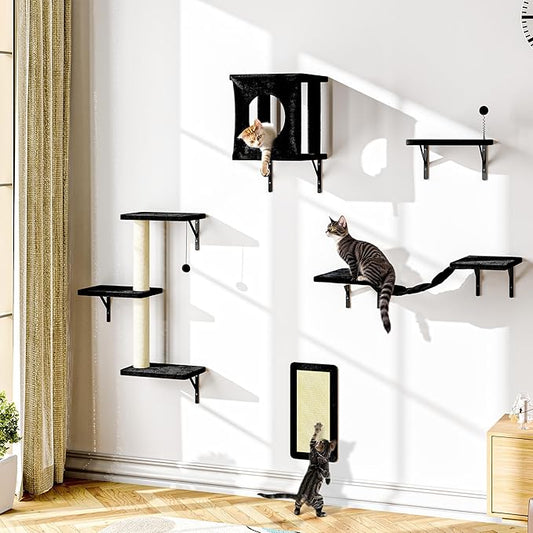 NUNU LAB Cat Wall Shelves Set, 5 Pcs Wall-Mounted Cat Climber with Condo House, Bridge Ladder, Scratching Post, Indoor Cat Furniture Set, Black