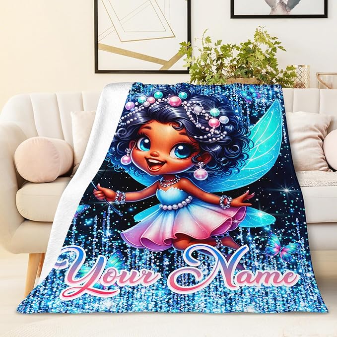 Personalized Blanket for Girls Fairy Throw for Kids Teens, 60x80 Inches Soft Warm Lightweight Cute Black Custom Throw Blankets for Sofa Couch Bed Travel Daughter Birthday Gift