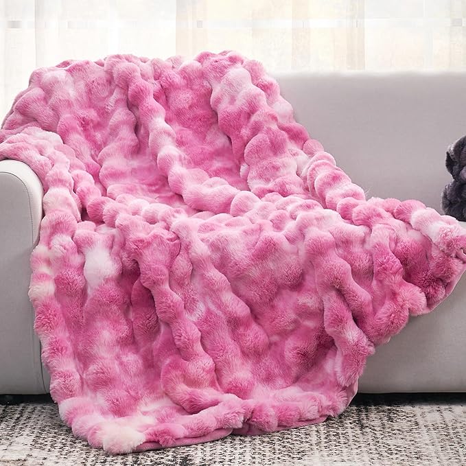 Cozy Bliss Faux Fur Throw Blanket for Couch, Fuzzy Soft Plush Thick Bubble Blanket for Sofa Bedroom Living Room, 50 * 60 Inches Tie Dye Pink